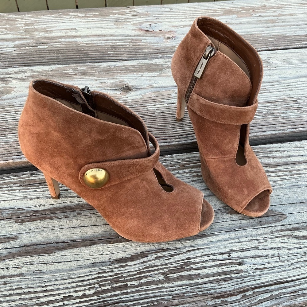 Michael Kors Agnes Leather Peep Toe Ankle Bootie Stilettos Womens 7M Brown Suede